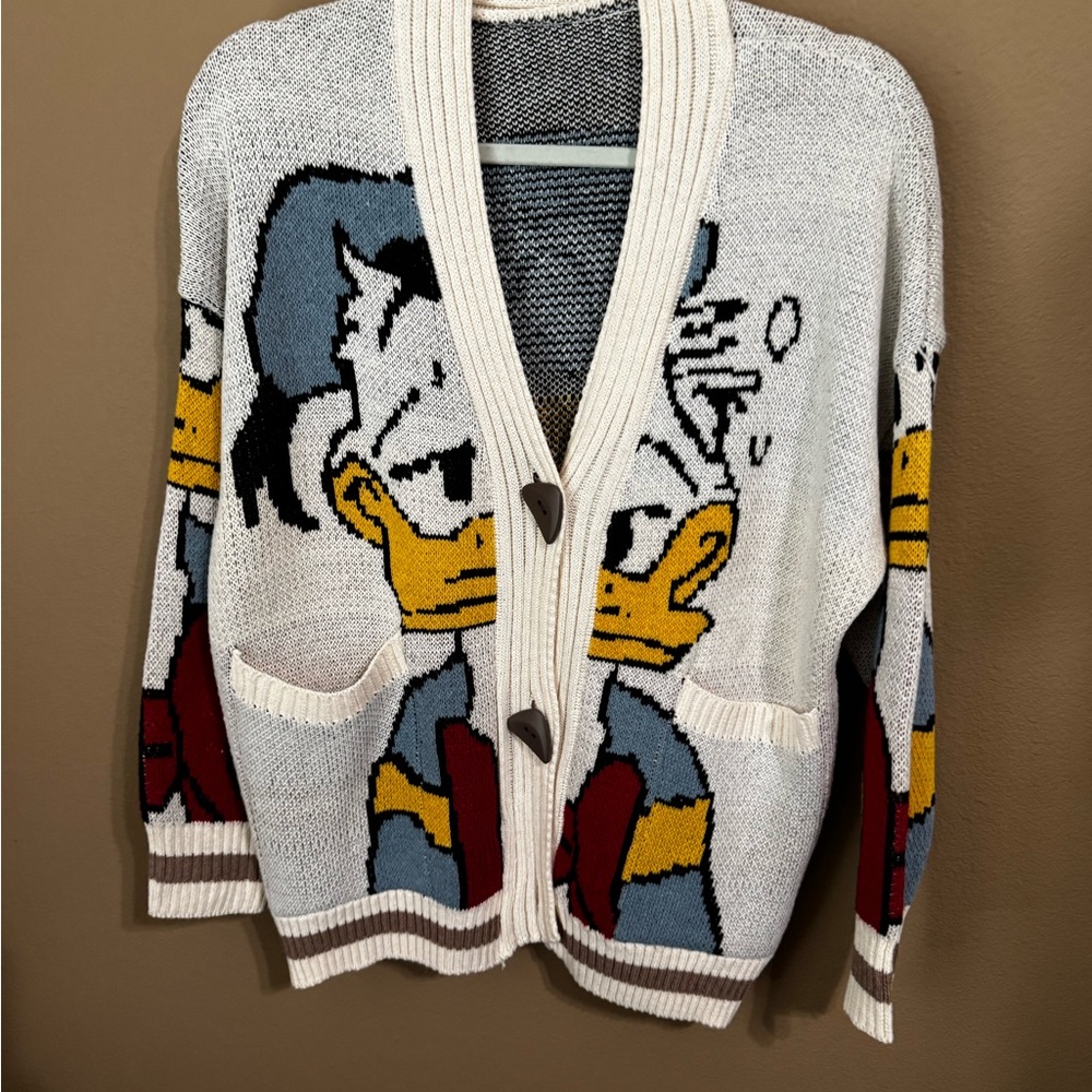 Crewneck Donald Duck Graphic Cardigan Sweater - White/Blue/Yellow